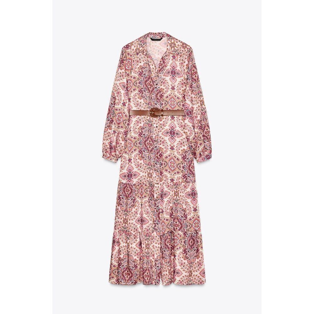 Zara Women Shirt Dress S Multicolor Paisley Tiered Puff Sleeve Boho 2298/061 NWD
